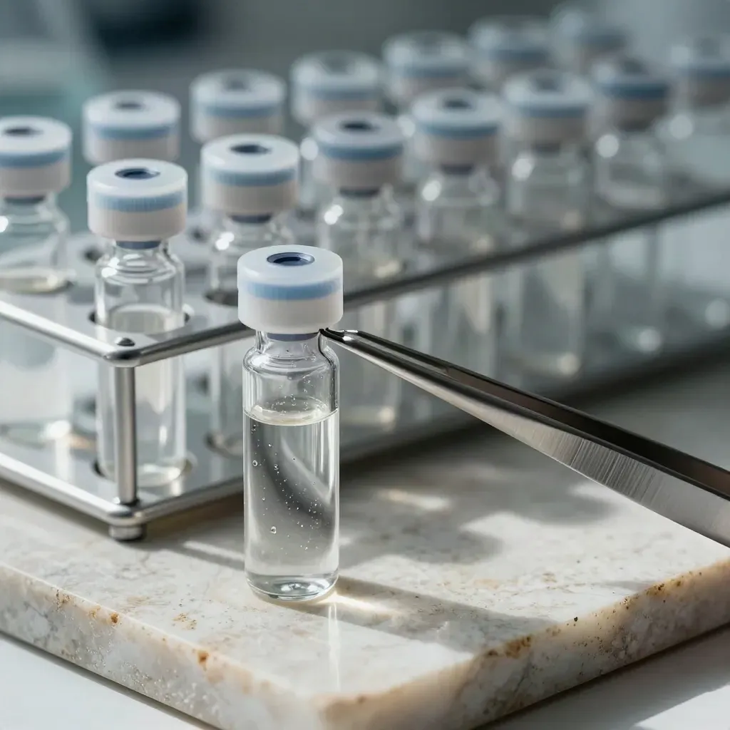 Biotech vials, tweezers, and capped tubes on pale stone in dramatic side light.