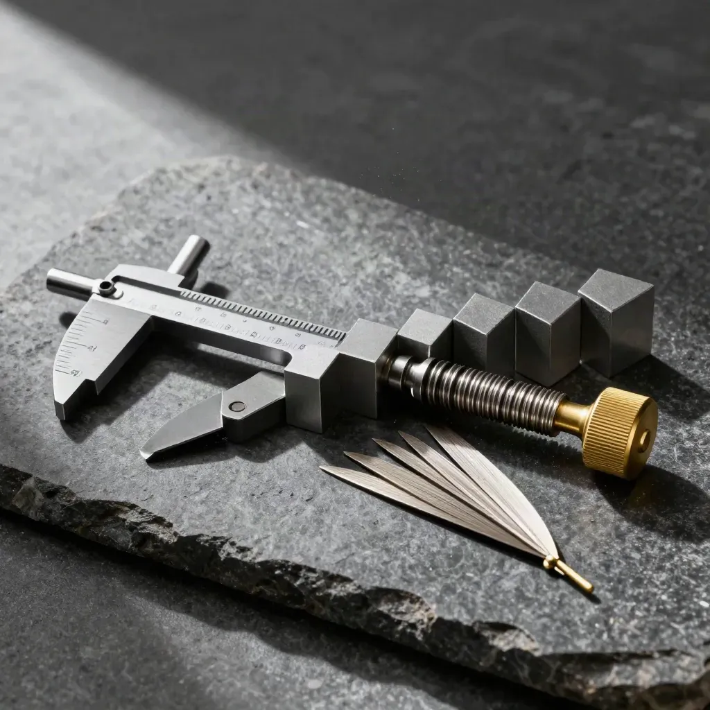 Top-down still life of micrometer, gauge blocks, shims and brass knob on dark basalt stone.