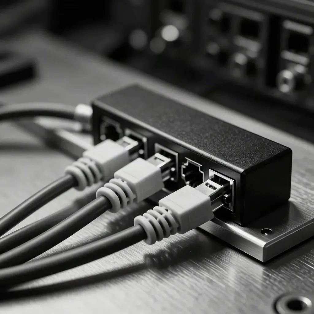 Close-up of braided patch cables, combs, couplers, and a connector block on brushed metal.