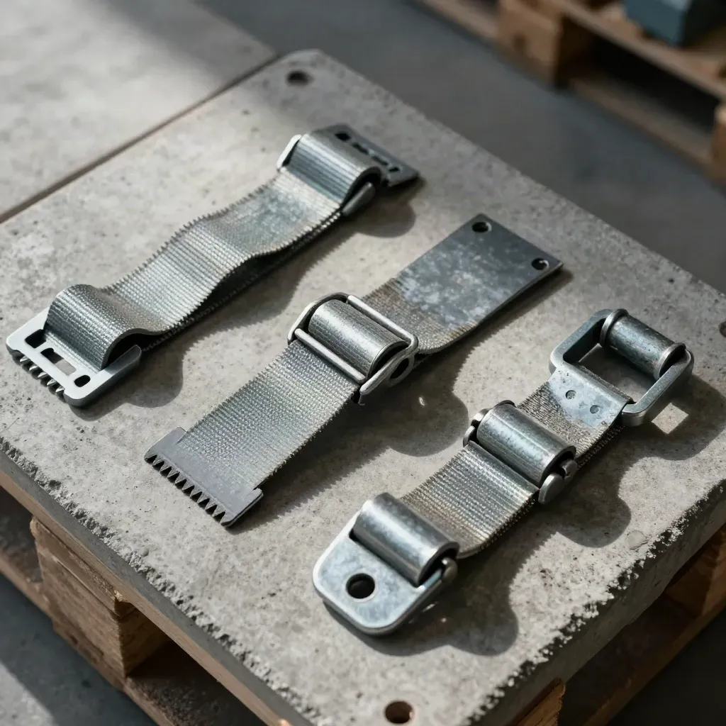 Macro flat lay of tightened logistics hardware on concrete with dust and soft shadows.