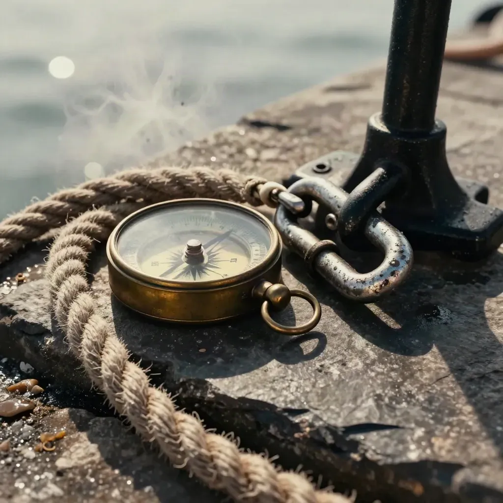 Brass compass, rope, shackle and cleat on weathered slate in warm maritime light.