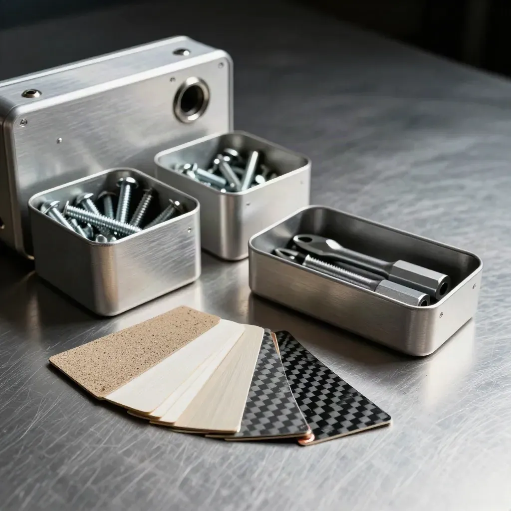 Aerospace fastener bins, rivets, torque bits, and carbon fiber on brushed metal in dramatic light.