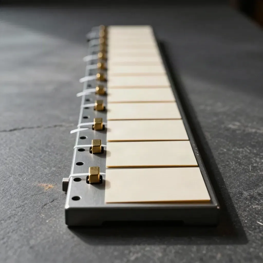 Top-down macro of a modular workflow rail with ivory cards, brass clips, and divider tabs on graphite stone.