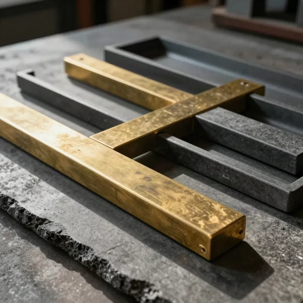 Brass routing guide splitting three shallow trays on dark concrete under raking light.