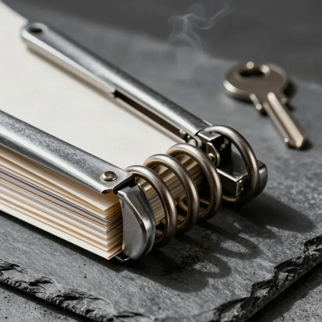 Steel clamps and rings compressing closed folders on slate under dramatic side light.