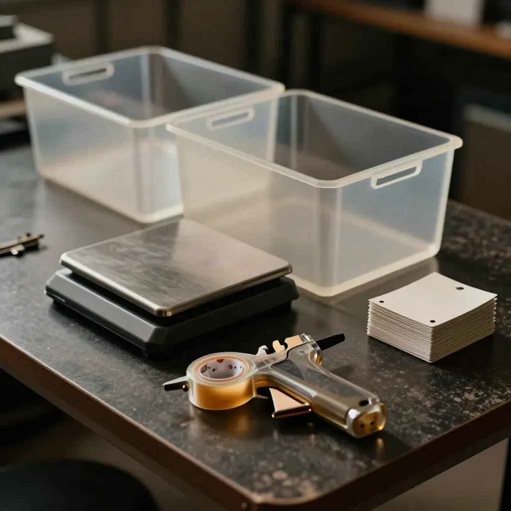 Parcel scale, frosted bins, tape gun and seal tags on a charcoal ops bench, seen through frosted bin