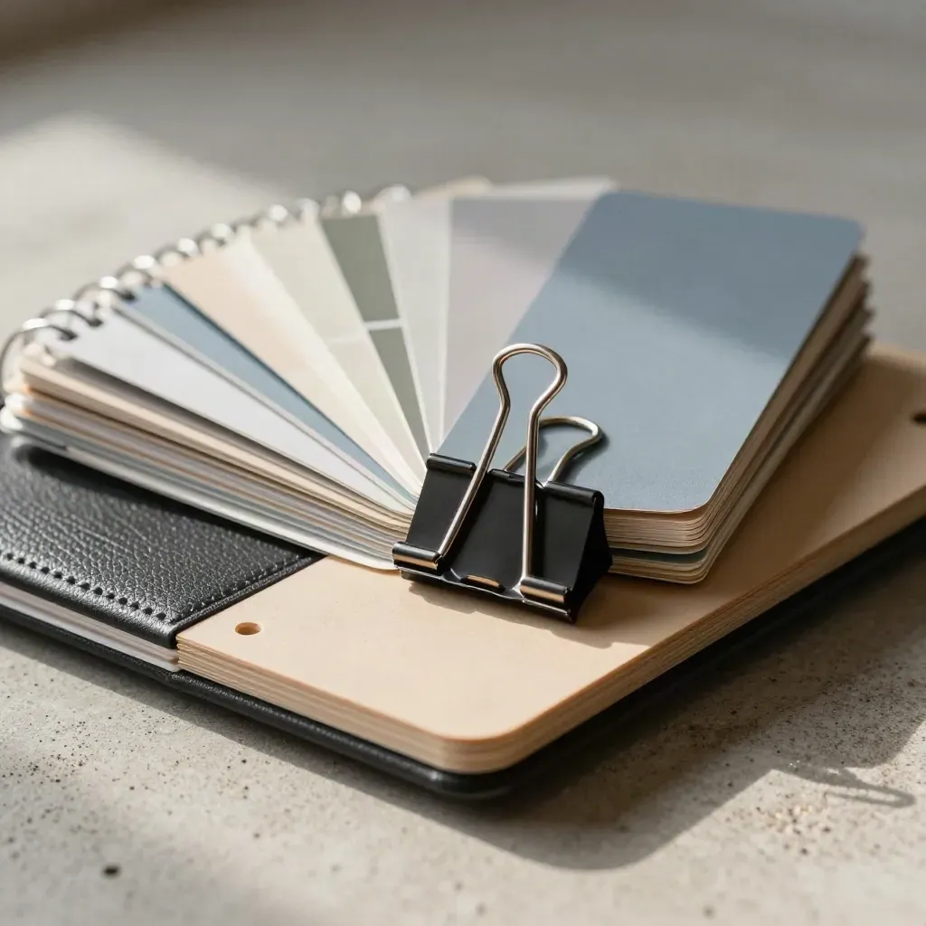 Macro flat lay of agency swatch fan, binder clips, boards and hard case on pale concrete.