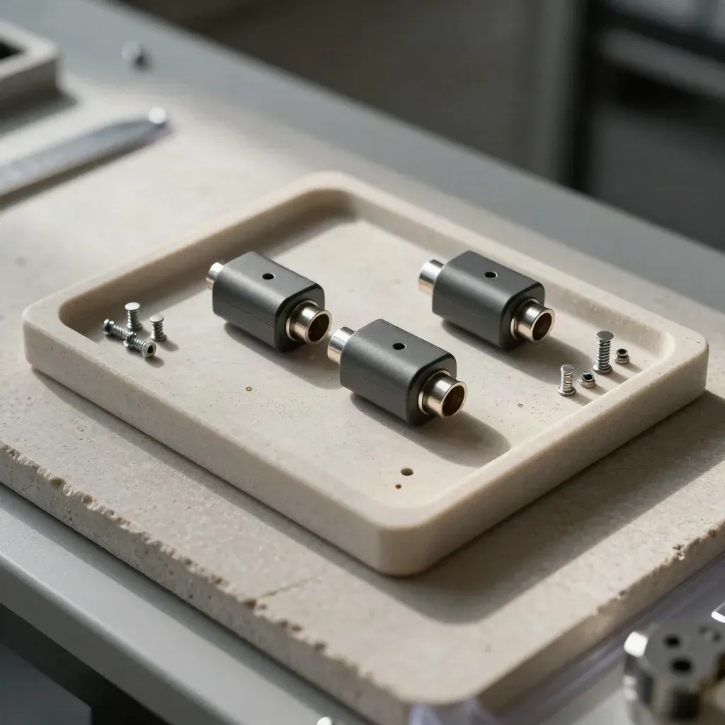 Connector shells and screws in an anti-static tray on stone, top-down product still life.