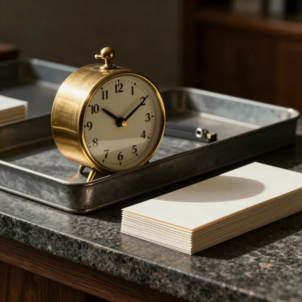 Brass clock, inbox trays, stamp block and routing cards on dark stone under warm dramatic studio light.