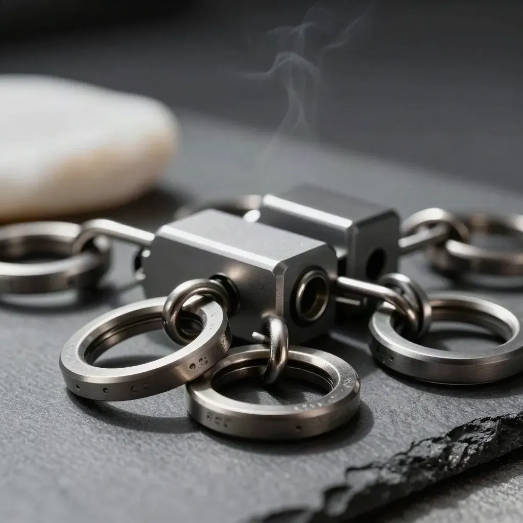 Linked steel rings, magnetic block, and machined parts on graphite in dramatic studio light.
