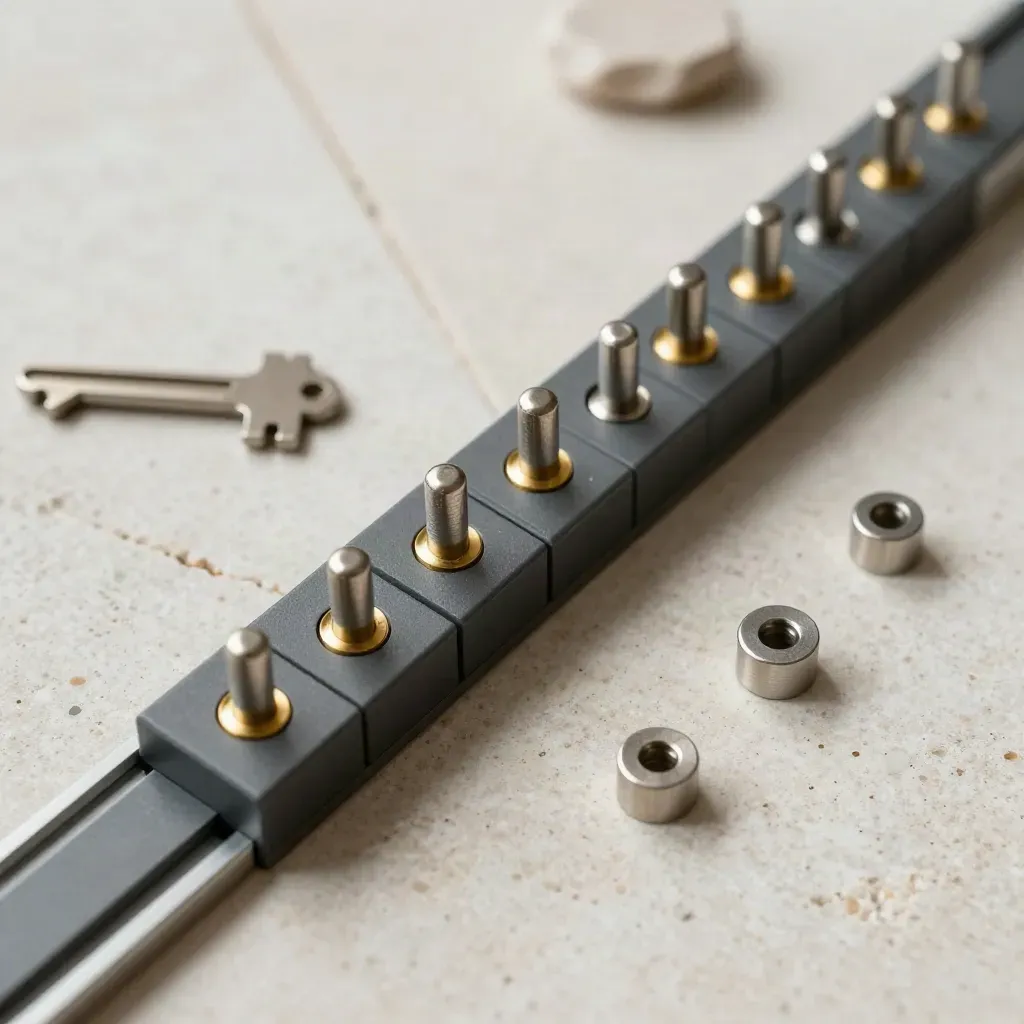 Macro flat lay of modular connector blocks and a stepped rail on pale stone, lit in cool gold.