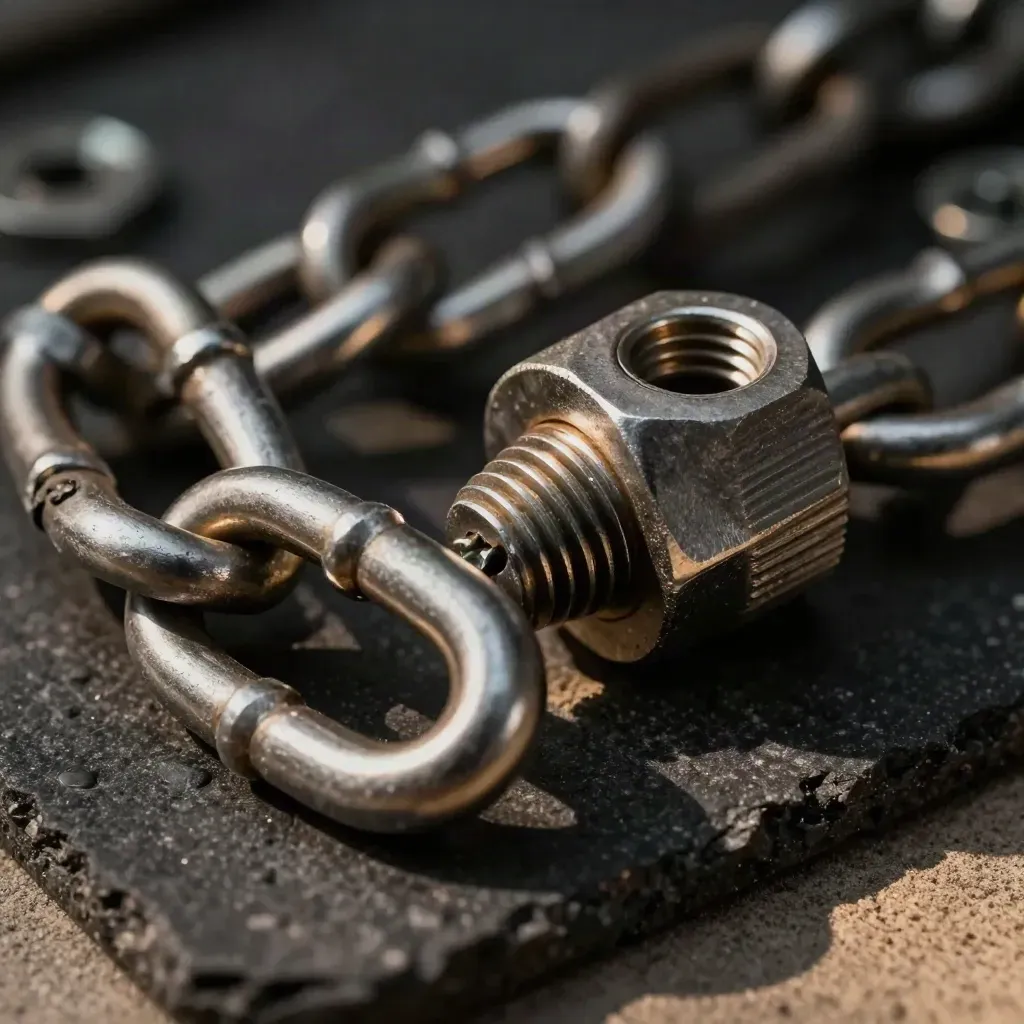 Close-up of chain links, coupler and screws on dark basalt with warm sidelight.