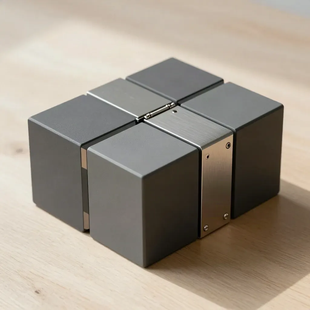 Overhead still life of graphite modular cubes and brackets on pale wood with soft daylight